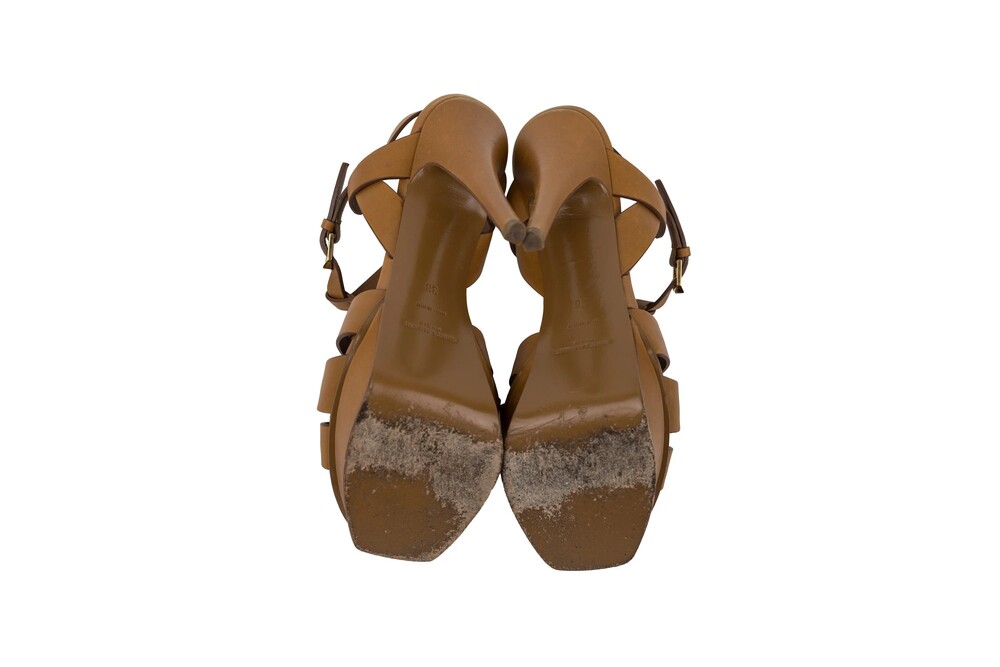 Saint Laurent Tan Brown Tribute Platform Sandal Calfskin Leather Gold Hardware S - Picture 5 of 12